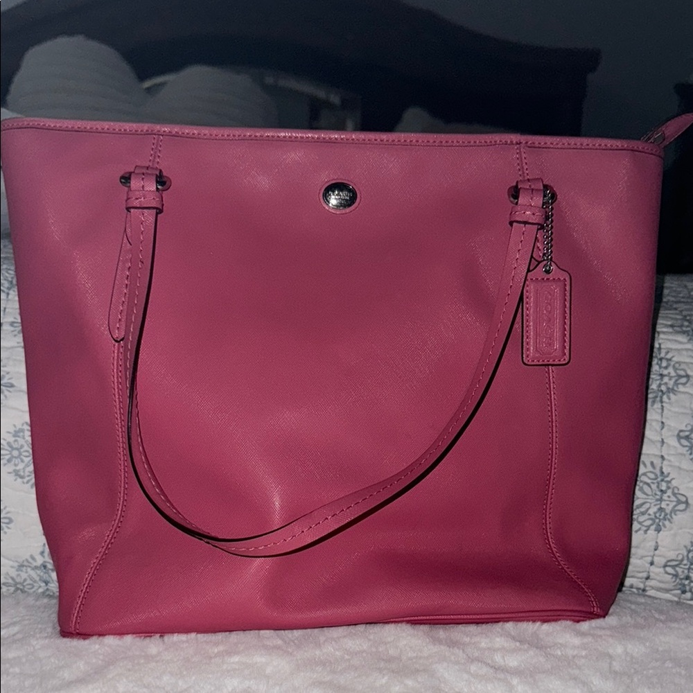 Coach Peyton Pink saffiano Leather zippered Tote with Double Handles
